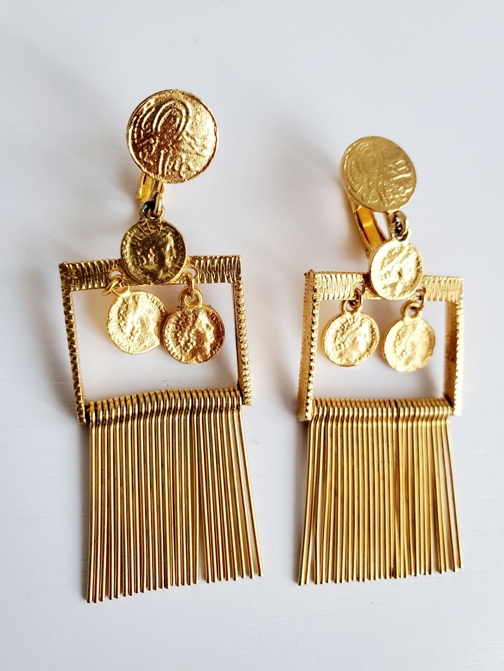 Gold Coin Fringe Drop Earrings - Vintage 70s